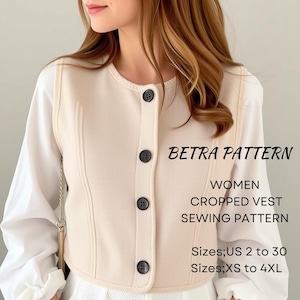 Padrão de costura de colete curto clássico, padrão de colete feminino, top curto abotoado, padrão de jaqueta de colete, A4-US Letter, A0, tamanhos; 2 a 30, XS-4XL