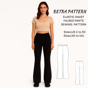 May include: A woman wearing a beige crop top and black flared pants. The image includes a sewing pattern with the text "BETRA PATTERN" and "ELASTIC WAIST FALRED PANTS SEWING PATTERN". Sizes are listed as US 2 to 30 and XS to 4XL.