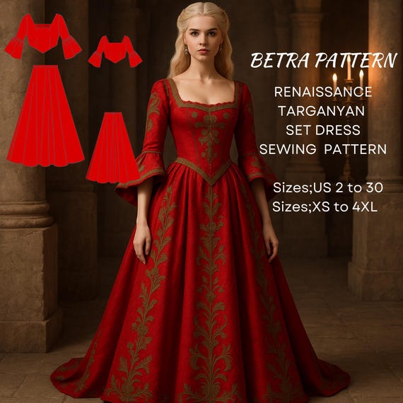 Renaissance Dress Sewing Pattern: Targanyan Set, Medieval, Fairycore (A0, A4, US Letter) (PDF Pattern)