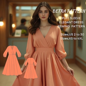 Patrón de costura para vestido elegante midi, manga abullonada, cuello cruzado, vestido de fiesta, vestido cottagecore, vestido vintage, talla A0, A4-US, 2 a 30, XS-4XL