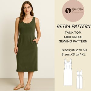 Tank Top Midi Dress Sewing Pattern,Dress with Pockets,Casual Dress,Summer Dress,Midi Dress,Sleeveless Dress,A0,A4-US Letter,US;2-30,XS-4XL