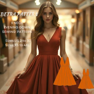 Patrón de costura para vestido de noche con escote en V, vestido de fiesta, vestido cottagecore, vestido vintage, vestido de cóctel, vestido de fiesta, tallas A0, A4-US, tallas 2 a 30, XS-4XL