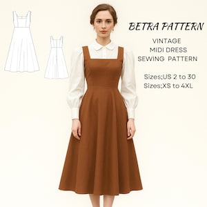 ヴィンテージミディドレスの縫製パターン：1940年代のエプロンスタイル（A4/USレターサイズ）（デジタルダウンロード）
