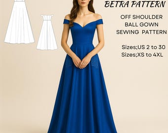 Satin Off-Shoulder Ball Gown Sewing Pattern: Maxi Prom Dress (PDF Pattern)