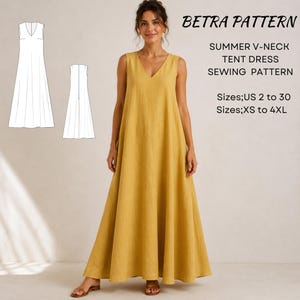 Könnte beinhalten: Ein senfgelbes ärmelloses Maxikleid mit V-Ausschnitt und locker ausgestellter Silhouette. Der Text lautet: BETRA PATTERN, SUMMER V-NECK TENT DRESS SEWING PATTERN, Sizes;US 2 to 30, Sizes;XS to 4XL. Enthält eine technische Strichzeichnung des Kleides.