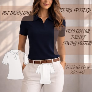 May include: A navy blue polo shirt with a brown belt and white pants. The image includes a sewing pattern with the text "PDF DOWNLOAD", "BETRA PATTERN", "POLO COLLAR J-SHIRT SEWING PATTERN", and sizes "US 2 to 30 XS to 4XL".