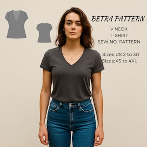 Patrón de costura para camiseta ajustada con cuello en V: Top básico para mujer (tallas XS-4XL) (patrón en PDF)