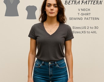 V-Neck Fitted T-Shirt Sewing Pattern: Women's Basic Top (Sizes XS-4XL) (PDF Pattern)