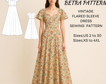 Vintage Flared Sleeve Dress Sewing Pattern: Cottagecore Ball Gown (PDF Pattern)