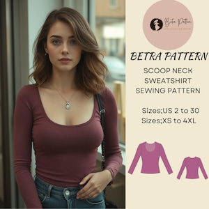 Padrão de costura para moletom com decote redondo, camiseta feminina de manga comprida, blusa simples de outono, moletom slim fit, EUA; 2 a 30, XS-4XL, A4-EUA, A0