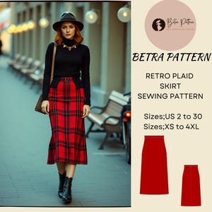 Patrón de costura de falda de lana a cuadros, falda escocesa, falda vintage en forma de A, patrón de falda de leñador, falda midi, talla A4-US, A0, US;2 a 30, XS-4XL