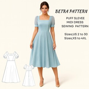 Op de afbeelding: Een lichtblauwe midi-jurk met een vierkante halslijn en pofmouwen. De jurk heeft een stippenpatroon en wordt getoond op een model. De afbeelding bevat ook een naaipatroondiagram en de tekst "BETRA PATTERN, PUFF SLEVEE MIDI DRESS SEWING PATTERN, Sizes; US 2 to 30, Sizes; XS to 4XL."