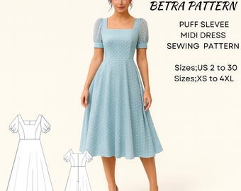 Naaipatroon Cottagecore midi-jurk met pofmouwen (VS 2-30, XS-4XL) (digitale download)