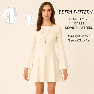 Naaipatroon uitlopende mini-jurk: cottagecore met lange mouwen (A0, A4, US Letter) (digitale download)