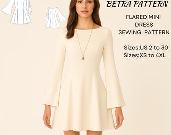 A Line Mini Dress With Long Sleeve and High Neckline Sewing Pattern PDF -  Etsy
