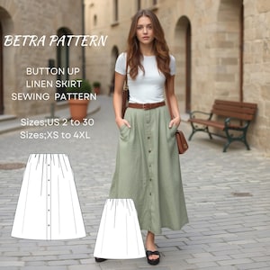 Padrão de costura para saia de linho com botões, saia franzida, saia com bolsos, saia feminina, XS-4XL, A4-Carta EUA, A0,2 a 30