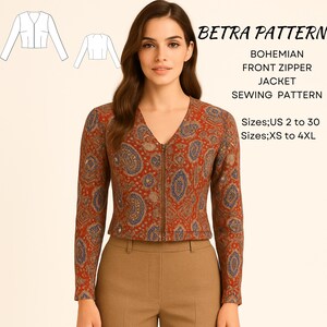 Puede incluir: Una mujer luce una chaqueta con estampado de cachemira rojo y azul con cremallera frontal. La imagen es para un patrón de costura "BETRA PATTERN" de una chaqueta bohemia con cremallera frontal. Tallas disponibles: US 2 a 30 y XS a 4XL.