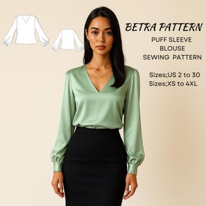 Puff Sleeve Satin Blouse Sewing Pattern – V Neck Boho Top (PDF)