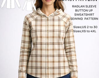 Raglan Sleeve Button Up Sweatshirt Sewing Pattern (XS-4XL) (PDF Pattern)