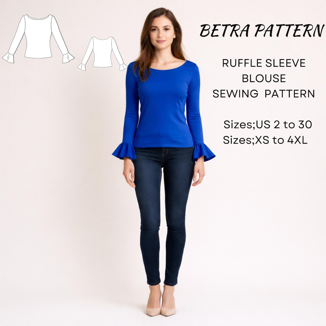 Ruffle Sleeve Blouse Sewing Pattern –boat Neck Style – PDF A0/A4 US 2 ...