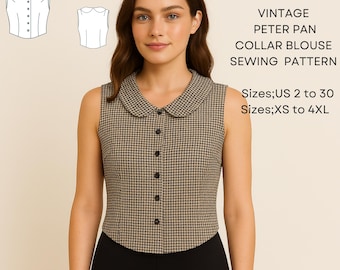 Vintage Peter Pan Collar Blouse Sewing Pattern – Women's Sizes XS-4XL (PDF Download)