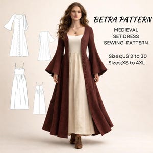 Pode incluir: Uma mulher veste um vestido de estilo medieval com um casaco longo bordô. O vestido é creme e o casaco tem mangas compridas e largas. A imagem inclui ilustrações de padrões de costura e o texto "BETRA PATTERN MEDIEVAL SET DRESS SEWING PATTERN".
