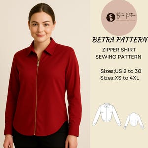 Puede incluir: Una camisa roja con cremallera, cuello y mangas largas. La camisa tiene una cremallera dorada. La imagen incluye el texto "BETRA PATTERN ZIPPER SHIRT SEWING PATTERN" e información sobre tallas.