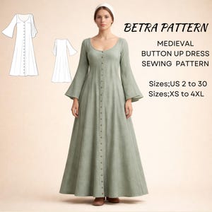 Patrón de costura para vestido medieval abotonado (largo hasta el tobillo) - PDF A0/A4 US 2-30