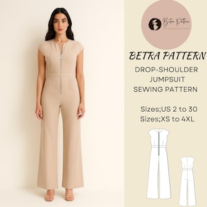 Drop-Shoulder Jumpsuit Sewing Pattern,Front Zipper Jumpsuit,Formal Jumpsuit,Women Palazzo Leg Jumpsuit,A0,A4-US Letter,US;2 to 30,XS-4XL