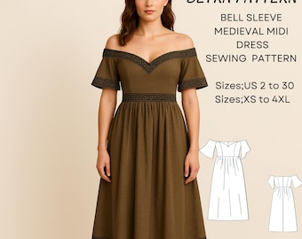 May include: A woman wearing a brown, off-the-shoulder medieval midi dress. The dress features bell sleeves and black geometric trim along the neckline, waist, and hem. The image includes the text "BETRA PATTERN" and "BELL SLEEVE MEDIEVAL MIDI DRESS SEWING PATTERN".