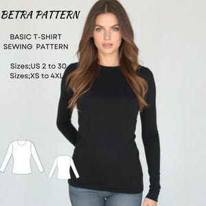 Patrón de costura para camiseta sencilla, blusa para mujer, camiseta de manga larga, camiseta básica, sudadera sencilla, camiseta negra para mujer, tallas XS-4XL, talla A4-US, A0