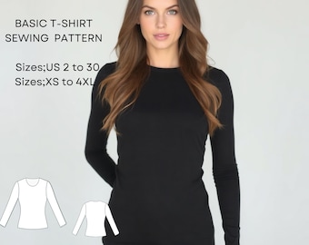 May include: A sewing pattern for a basic long-sleeved t-shirt. The pattern includes sizes US 2 to 30 and XS to 4XL. The image shows a woman wearing a black long-sleeved t-shirt and two illustrations of the t-shirt pattern.