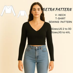 May include: A black V-neck long-sleeve T-shirt. The image includes a sewing pattern with the text "BETRA PATTERN", "V-NECK T-SHIRT SEWING PATTERN", and size details: US sizes 2 to 30 and XS to 4XL.