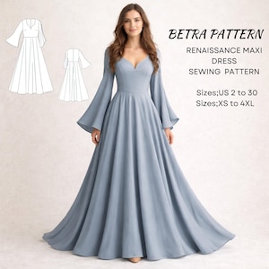 Renaissance Maxi Dress Sewing Pattern – Bell Sleeve Ball Gown –PDF A0/A4 US 2-30