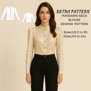 マンダリンネックブラウスの縫製パターン - パフスリーブボタンダウン、ヴィンテージスタイル (PDF)