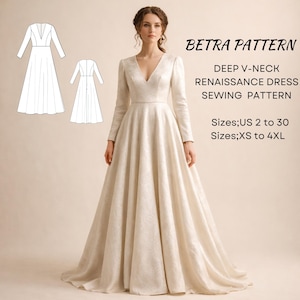 Puede incluir: Una mujer con un vestido crema de manga larga y escote en V profundo. El vestido es de estilo renacentista, y la imagen incluye un diagrama de patrón. El texto en la imagen dice "BETRA PATTERN, DEEP V-NECK RENAISSANCE DRESS SEWING PATTERN, Tallas: US 2 a 30, Tallas: XS a 4XL."