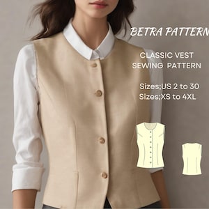 Patrón de costura de chaleco clásico, patrón de chaleco de mujer, patrón de chaleco abotonado, patrón de chaleco chaqueta, tamaño A4-US, A0, tallas: 2 a 30, XS-4XL