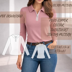 Puede incluir: Un polo rosa claro con cuello con cremallera, mangas largas y cinturón marrón. La imagen incluye un patrón de costura con el texto "POLO ZIPPER COLLAR SWEATSHIRT SEWING PATTERN" y "SIZES: US 2 to 30 XS to 4XL".