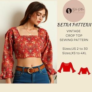 Patrón de costura de top corto vintage, top corto ajustado, patrón de blusa corta Cottagecore, top de blusa corta, top corto de primavera, XS-4XL, tamaño A4-carta de EE. UU., A0