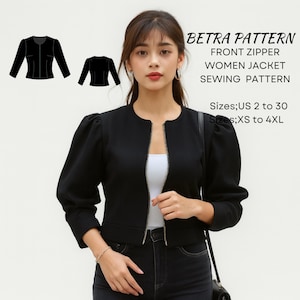 Patrón de costura para chaqueta de mujer con mangas abullonadas y cremallera frontal (patrón PDF)