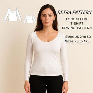 Puede incluir: Una mujer con una camiseta blanca de manga larga y cuello redondo. La imagen incluye un diagrama de patrón de costura y el texto "BETRA PATTERN LONG SLEEVE T-SHIRT SEWING PATTERN" e información de tallas.