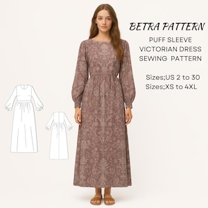 Long Puff Sleeve Dress Sewing Pattern,Renaissance Victorian Dress,Edwardian Dress,Medieval Dress,Modest Dress,2-30,XS-4XL, A0,A4-US Letter