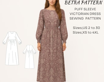 Puff Sleeve Victorian Dress Sewing Pattern, Sizes XS-4XL (A0, A4-US Letter) (PDF Pattern)