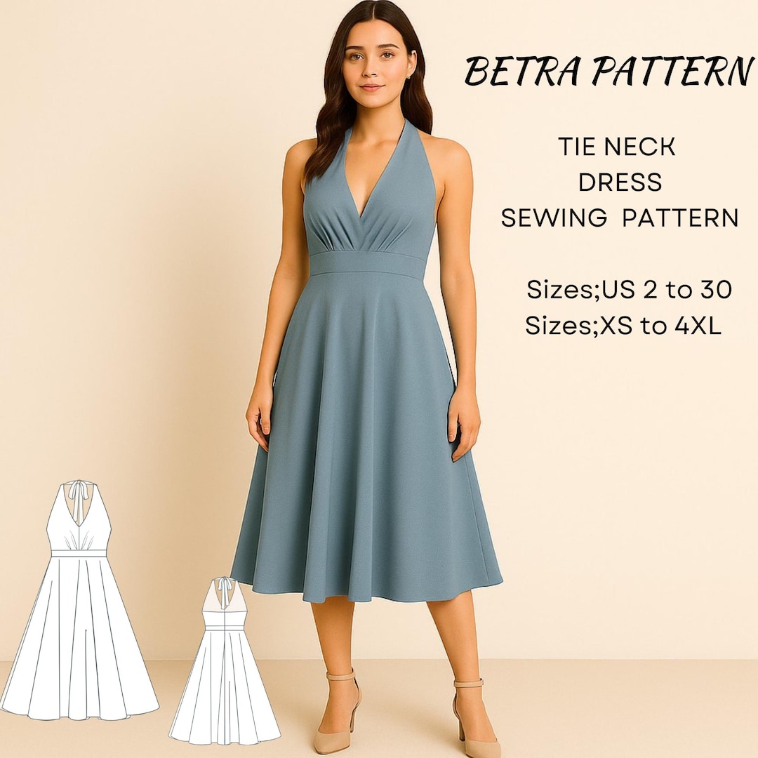 Mesa Pattern Tie Neck Midi Dress Sewing Pattern, Circle Skirt (A4, US Letter ...