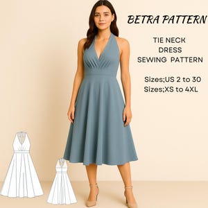 May include: A woman wearing a teal halter neck dress. The dress has a V-neckline and a flared skirt. The image includes the text "BETRA PATTERN" and "TIE NECK DRESS SEWING PATTERN". Sizes available are US 2 to 30 and XS to 4XL.