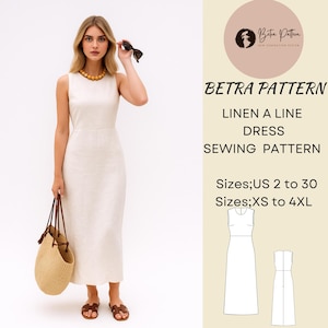May include: A woman wearing a sleeveless, off-white linen A-line dress. She holds a straw tote bag and sunglasses. The image includes text: "BETRA PATTERN, LINEN A LINE DRESS SEWING PATTERN, Sizes; US 2 to 30, Sizes; XS to 4XL."