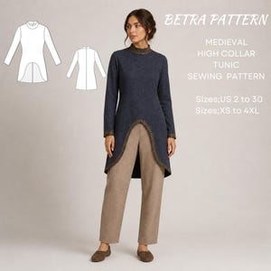 Patrón de costura para túnica medieval de cuello alto: manga larga, tallas XS-4XL (descarga digital)