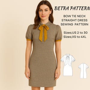 May include: A woman wearing a brown plaid bow tie neck straight dress. The dress has short sleeves with yellow trim and a mustard yellow bow. The image includes the text "BETRA PATTERN" and "BOW TIE NECK STRAIGHT DRESS SEWING PATTERN".