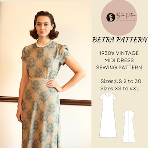 May include: A woman wearing a vintage midi dress with a floral pattern. The dress has short sleeves and a thin belt. The image also shows a sewing pattern with the text "BETRA PATTERN 1930's VINTAGE MIDI DRESS SEWING PATTERN" and size information.
