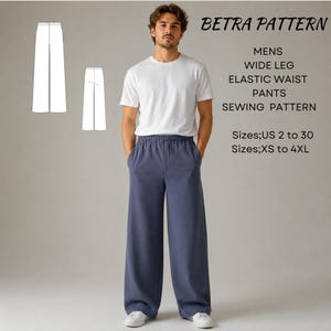 May include: A sewing pattern for wide leg elastic waist trousers titled BETRA PATTERN. The image displays a white t-shirt and blue wide leg trousers, with technical line drawings of the trousers and text listing sizes US 2 to 30 and XS to 4XL.